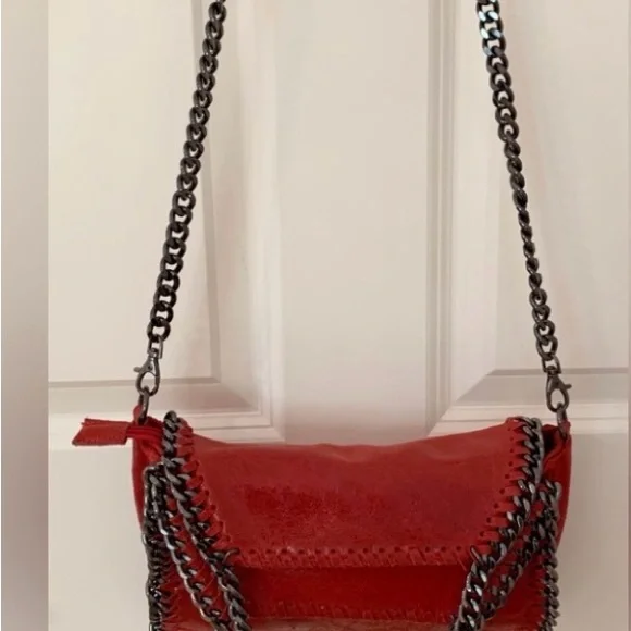 Italian Red Leather Chain Shoulder or Crossbody Bag Sofia designs Pewter Chain - Picture 10 of 16